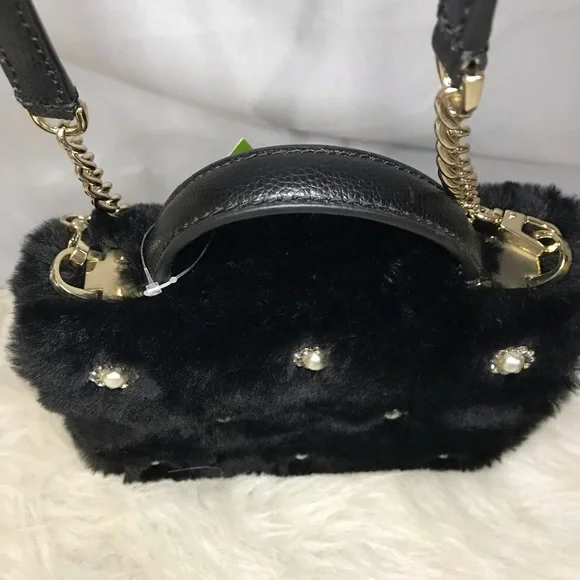 NWT Kate Spade Black Faux Fur Handle Crossbody Bag w/ Crystal Embellishments - Picture 8 of 16